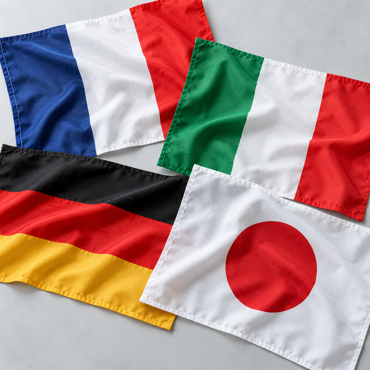 Fabric flags of France, Italy, Germany and Japan
