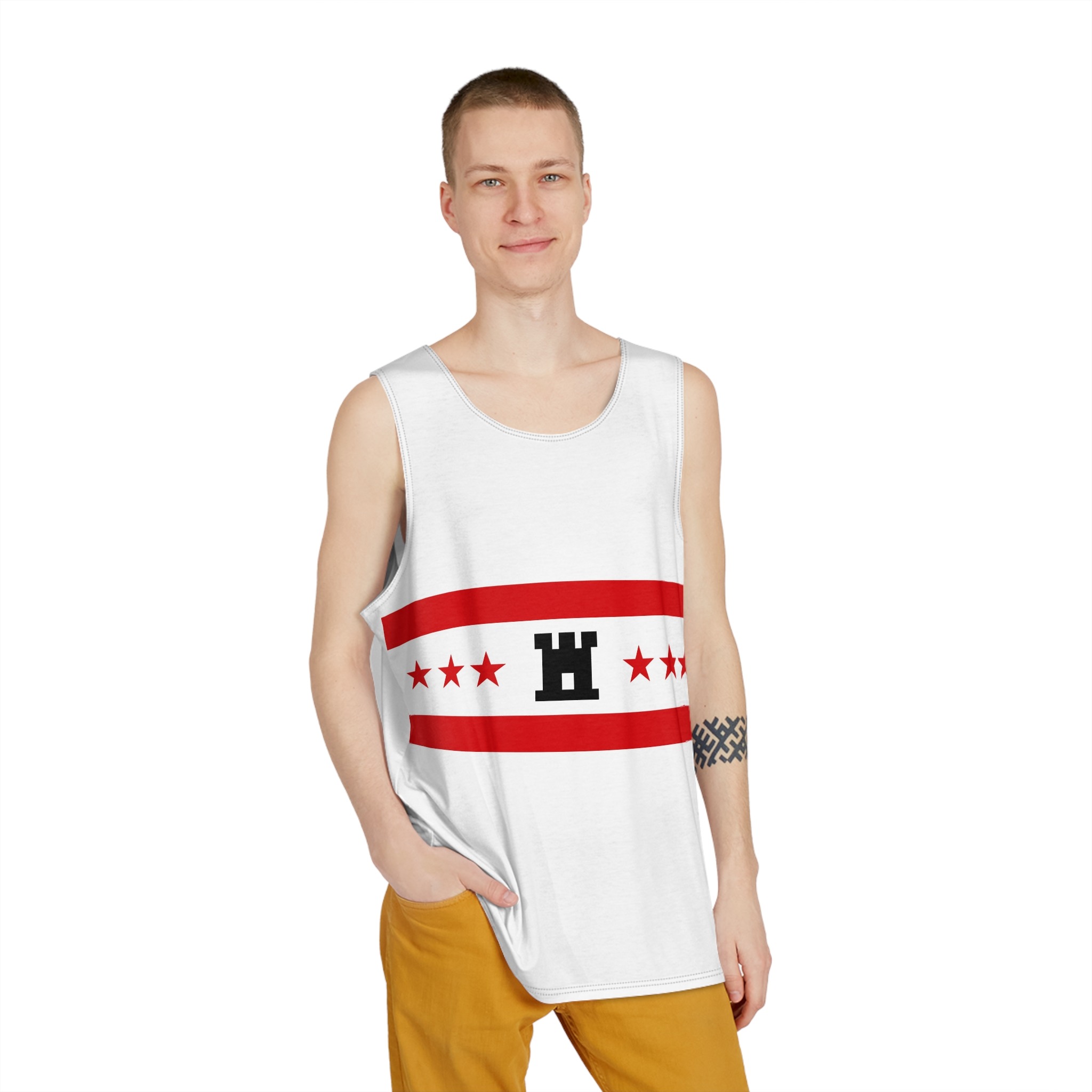 Drenthe Flag Red White Horizontal Stripes With Black Yellow Emblem Regional Flag Drenthe Mens Tank Aop - Image 3