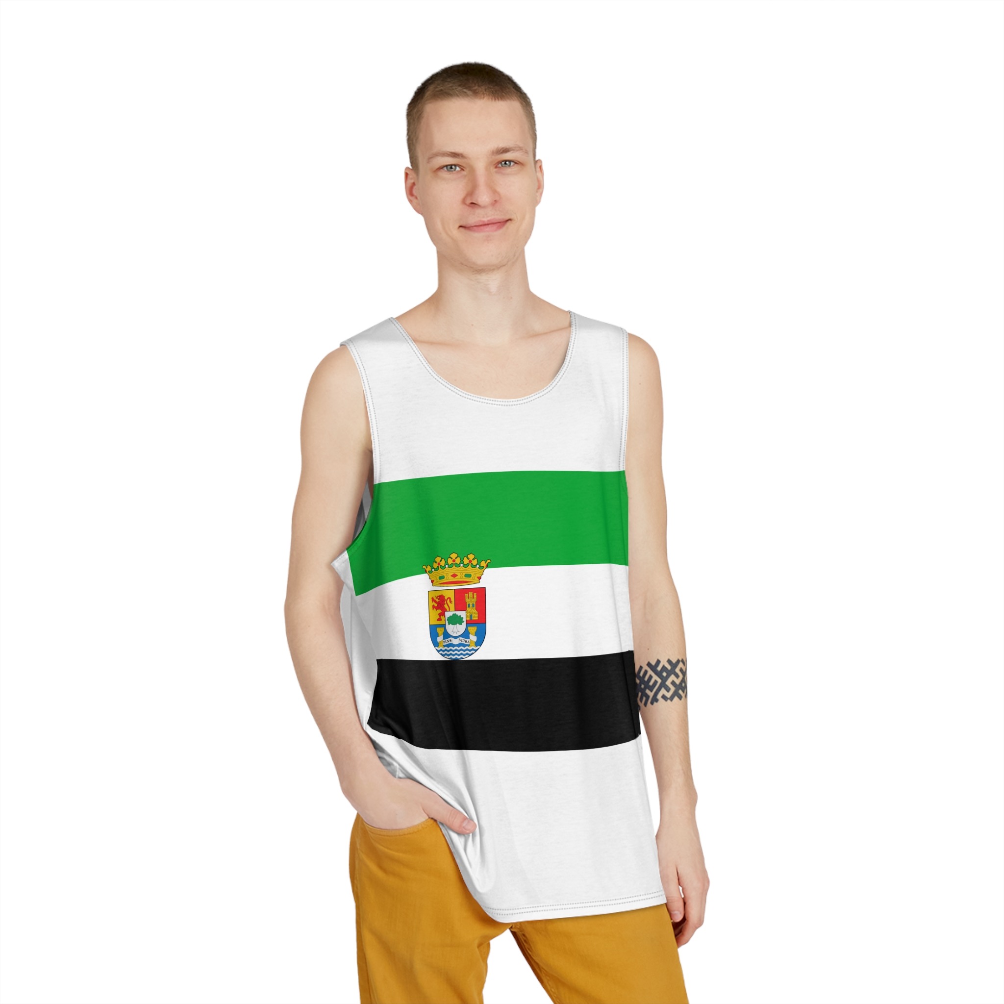 Flag of Extremadura, Spain (with Coat of Arms) Mens Tank Aop - Image 3