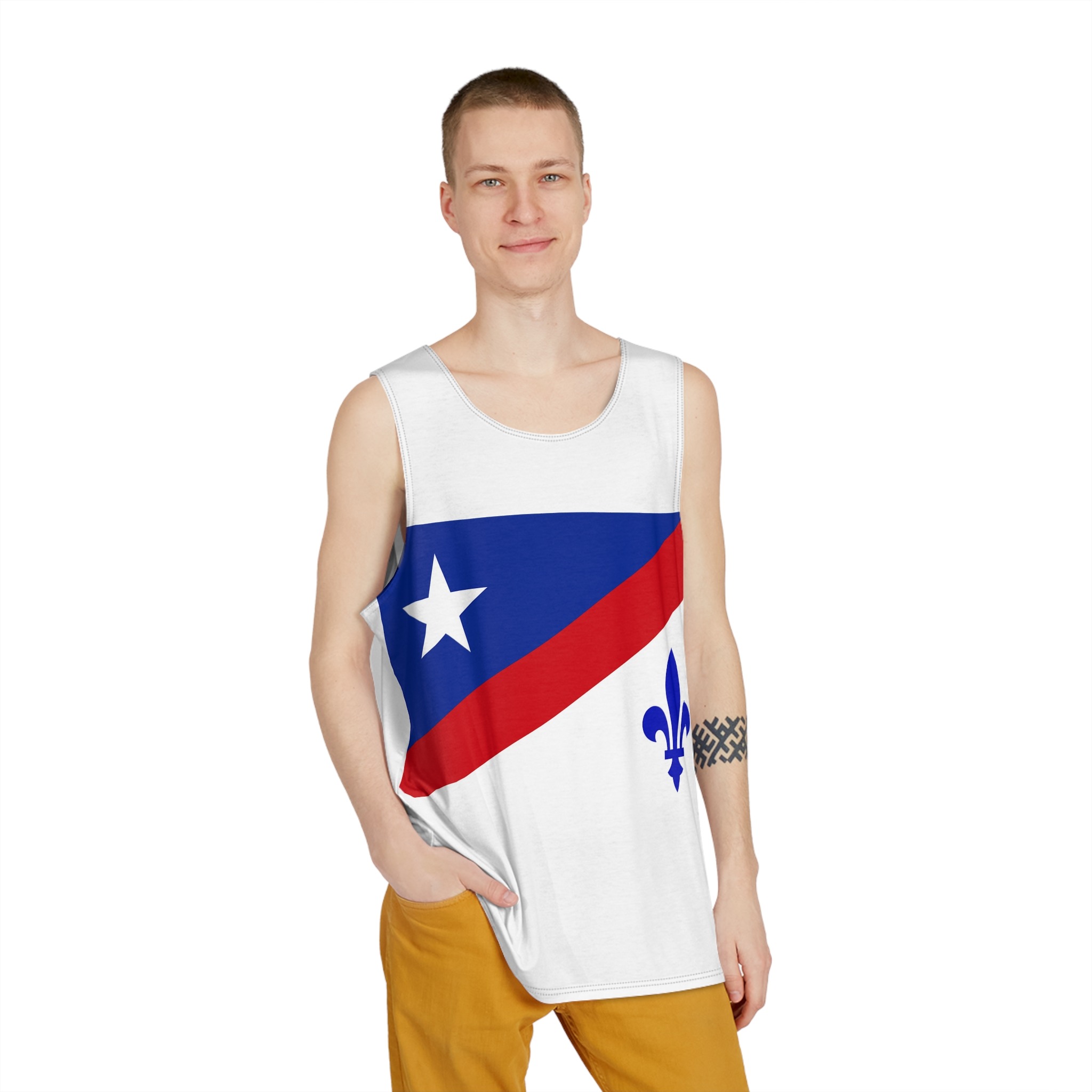 Drapeau Francoamericain Frenchamerican Tricolor Flag Symbol Francophone Comm Mens Tank Aop - Image 3