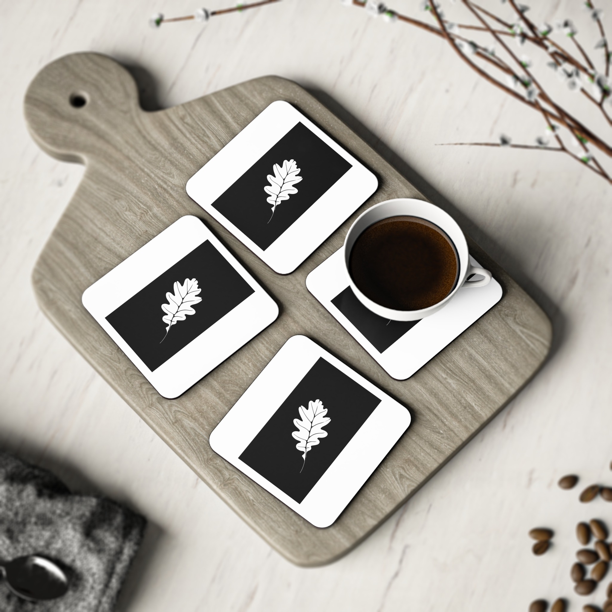 Stylized White Oak Leaf Black Background Coasters - Image 8