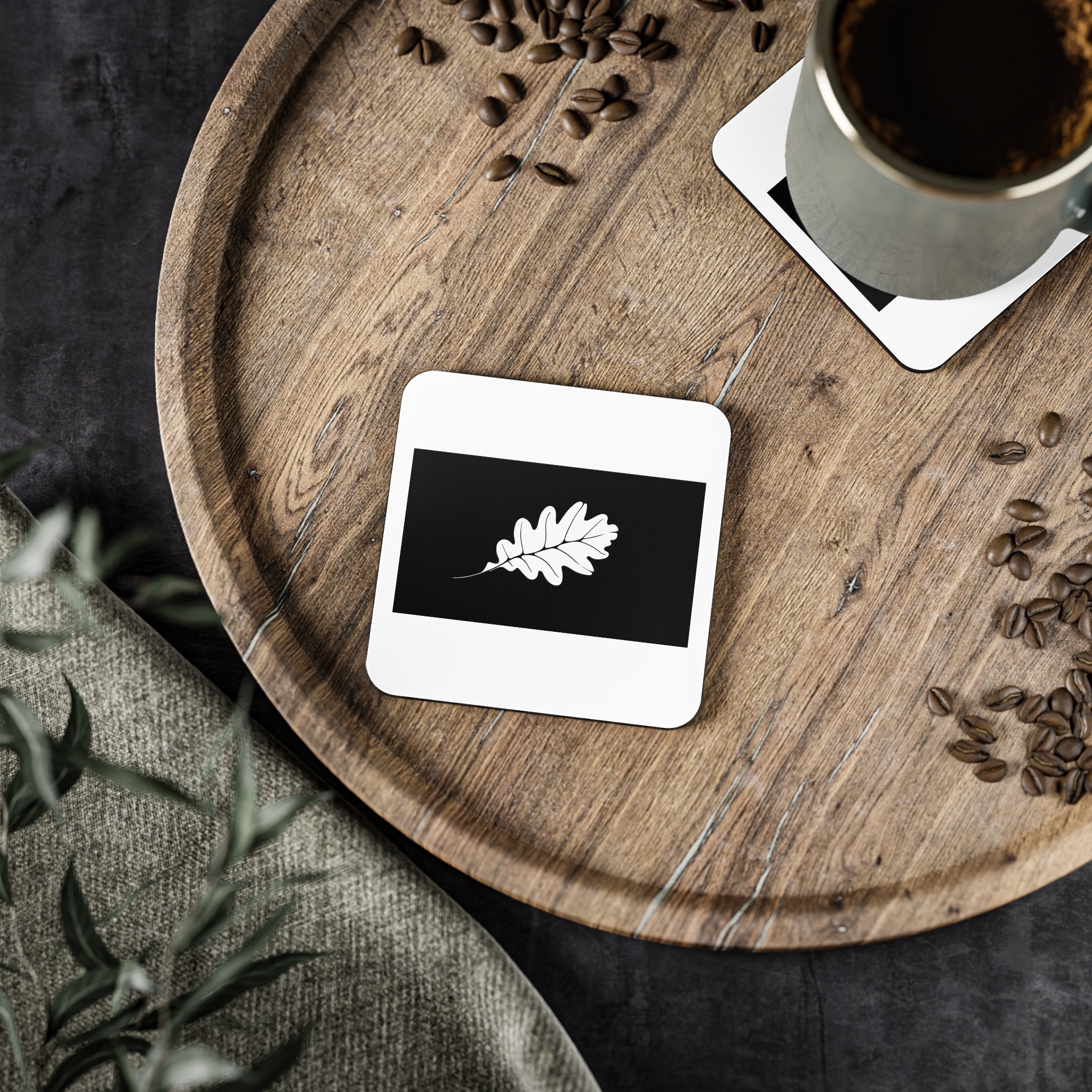 Stylized White Oak Leaf Black Background Coasters - Image 5