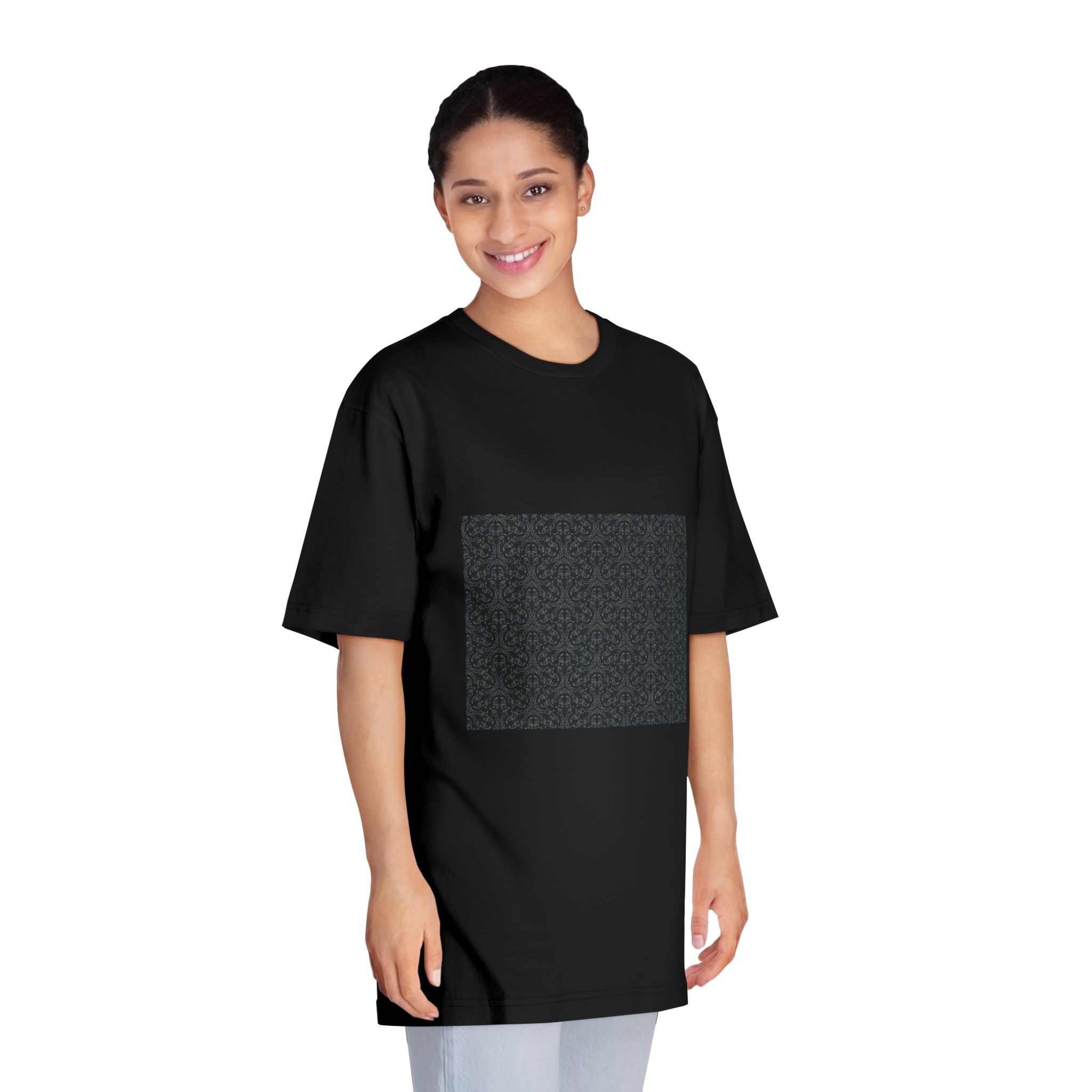 Dark Background With Floral White Ornament Unisex Classic Crewneck T Shirt - Image 7