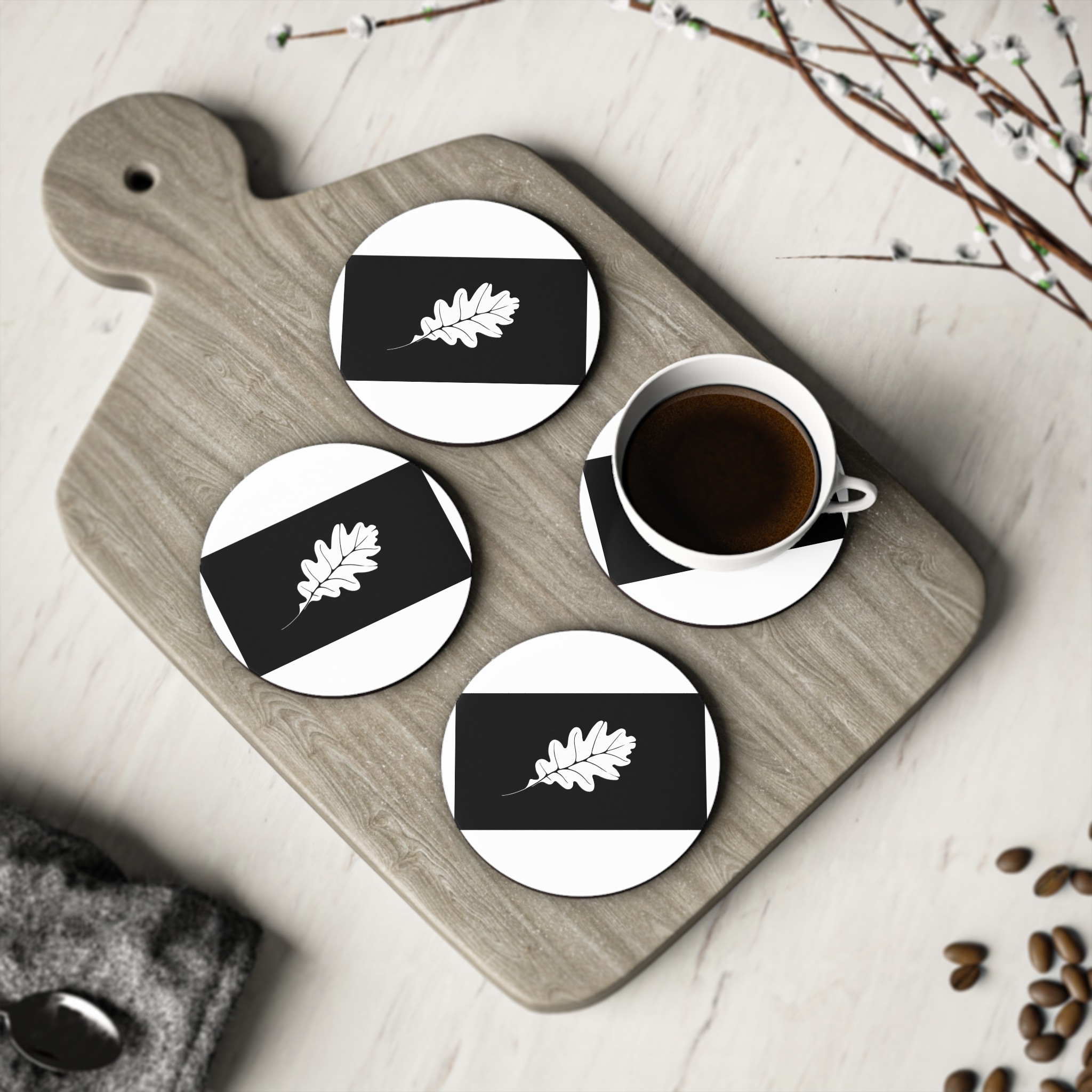 Stylized White Oak Leaf Black Background Coasters - Image 4